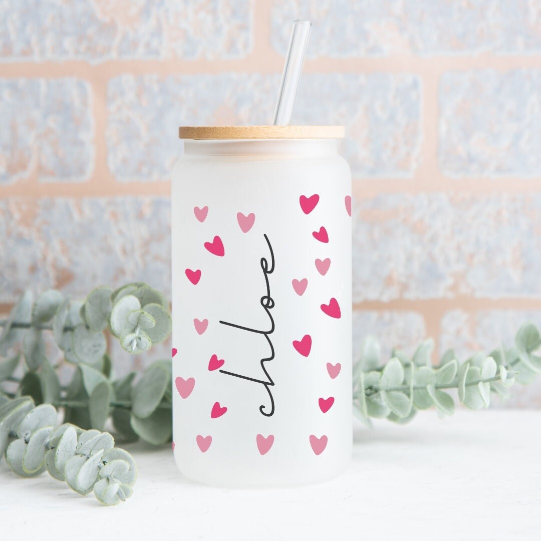 Personalised Valentine's Glass Cup Iced Coffee Libbey Can & Straw Gift