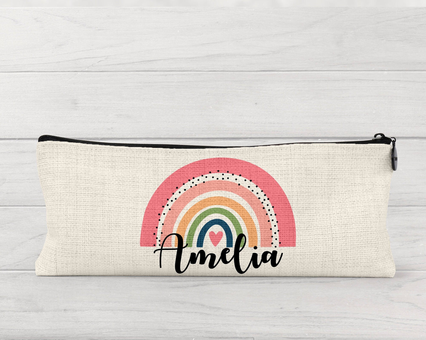 Personalised Teacher Pencil Case: Rainbow Design, Linen Zipper Pouch