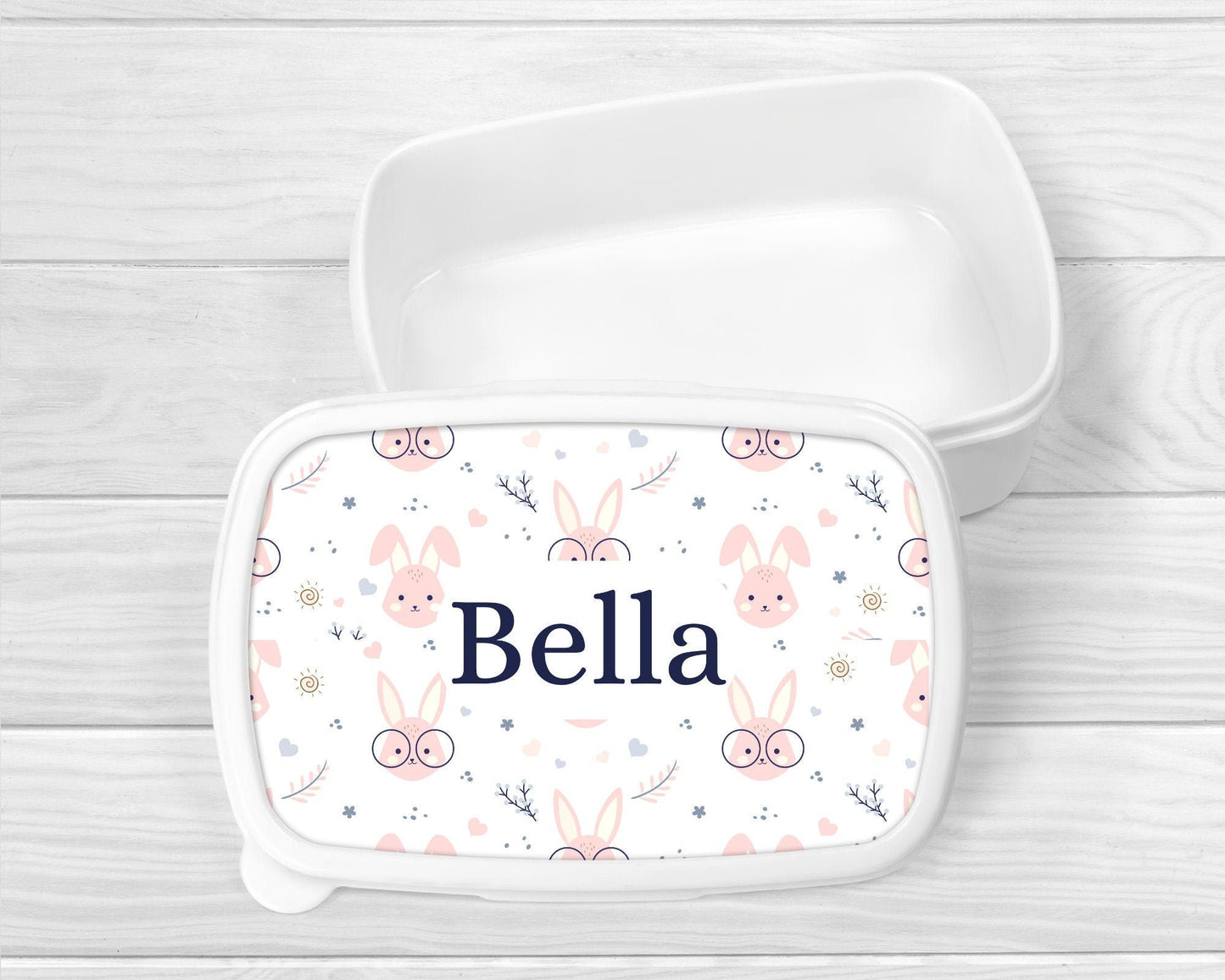 Personalised Lunch Snack Box Girls Pink Bunny Back To School Nursery Pot