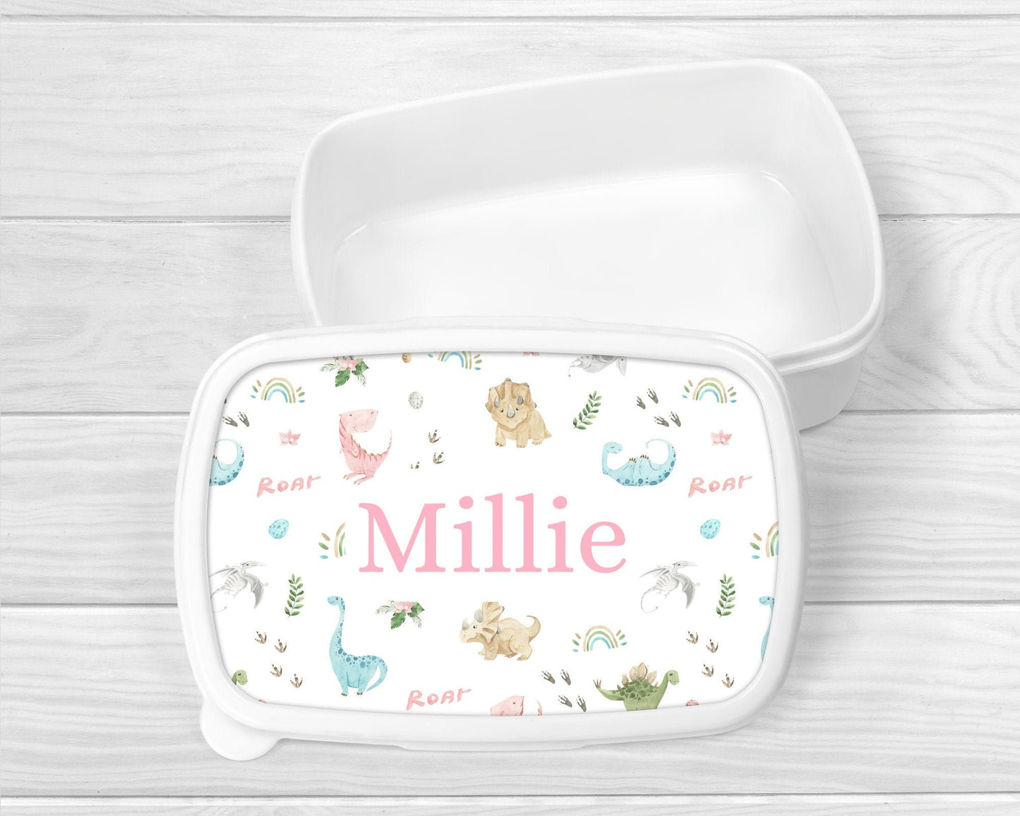 Personalised Lunch Snack Box Girls Dinosaur Back To School Nursery Pot