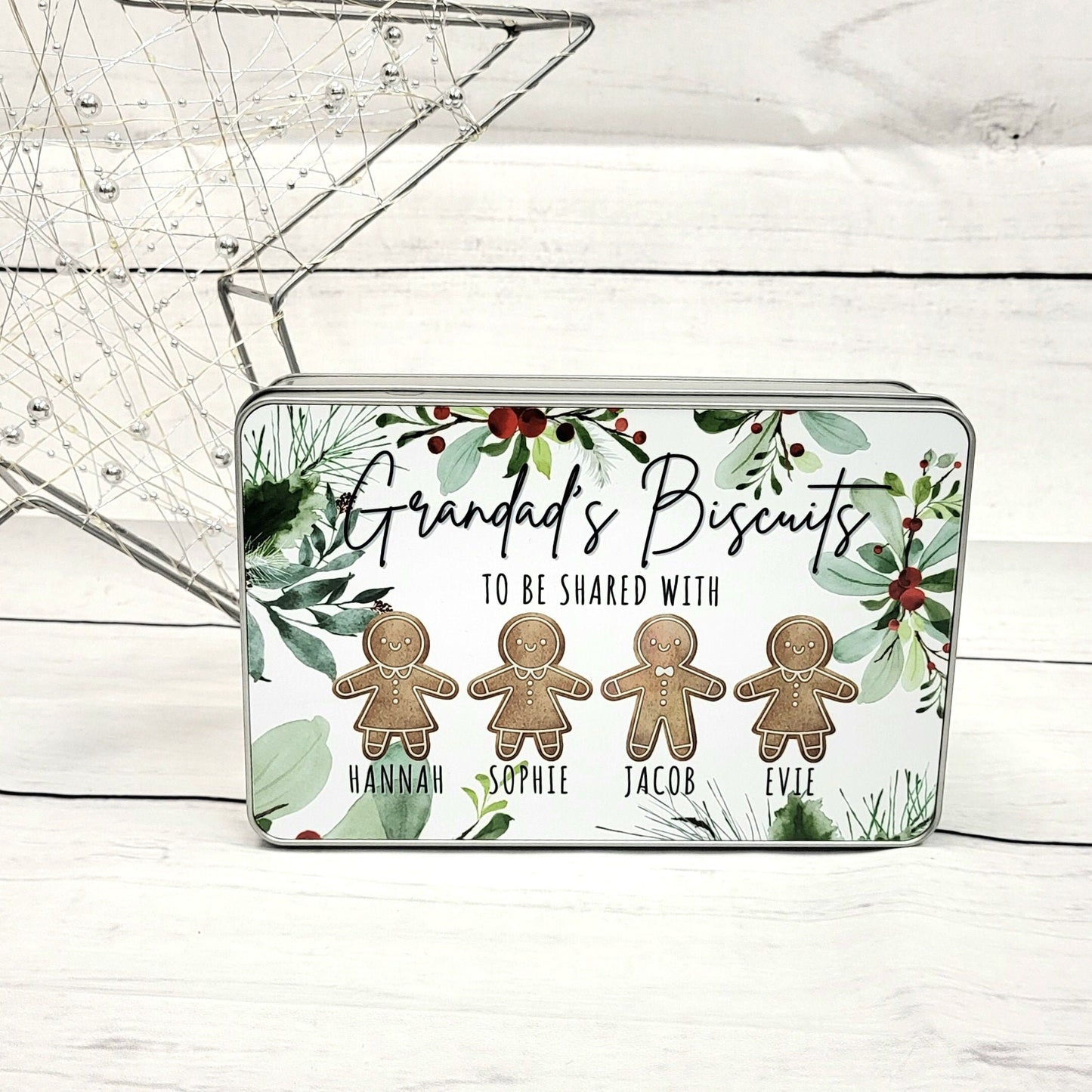 Personalised Christmas Biscuit Tin: Grandparent Gift with Gingerbread Characters