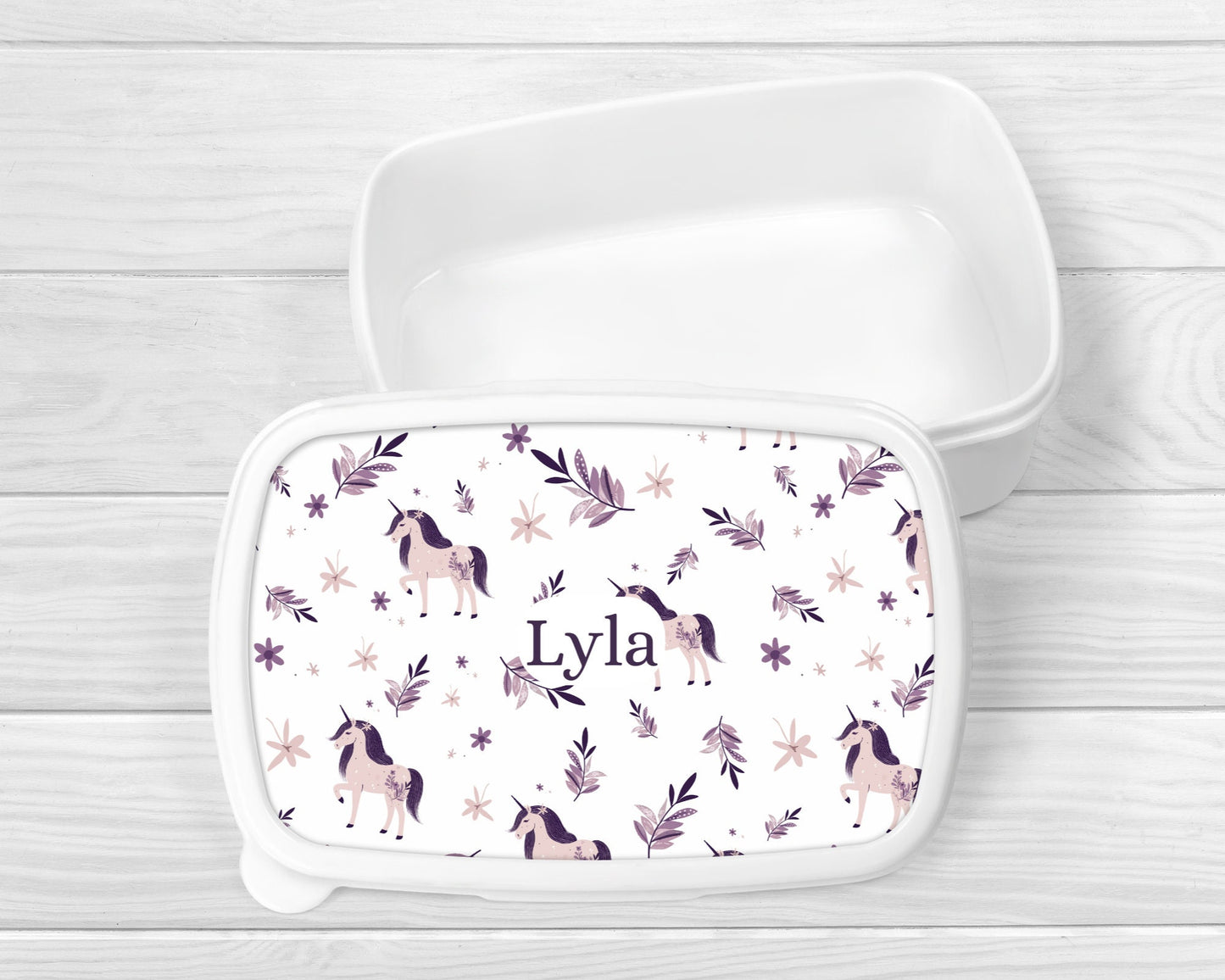 Personalised Lunch Snack Box Unicorn Purple Back To School Nursery Pot