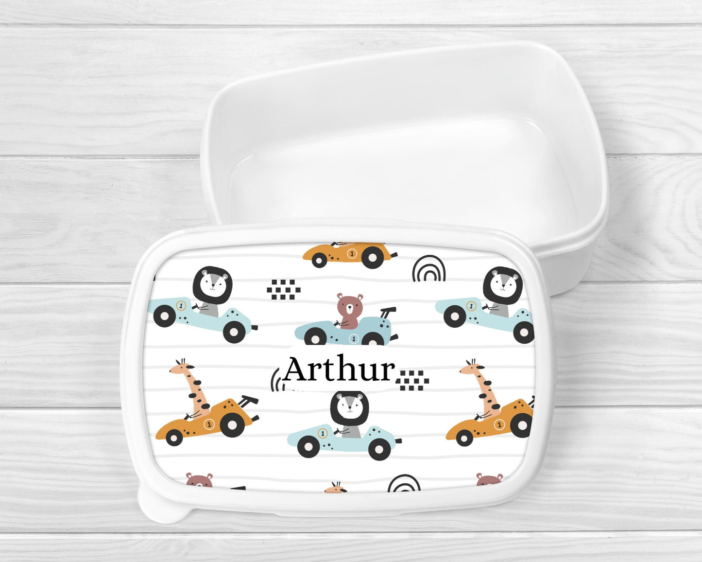Personalised Lunch Snack Box Safari Animal Cars Back To School Nursery Pot