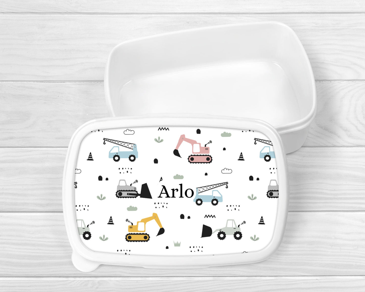Personalised Lunch Snack Box Digger Construction Back To School Nursery Pot