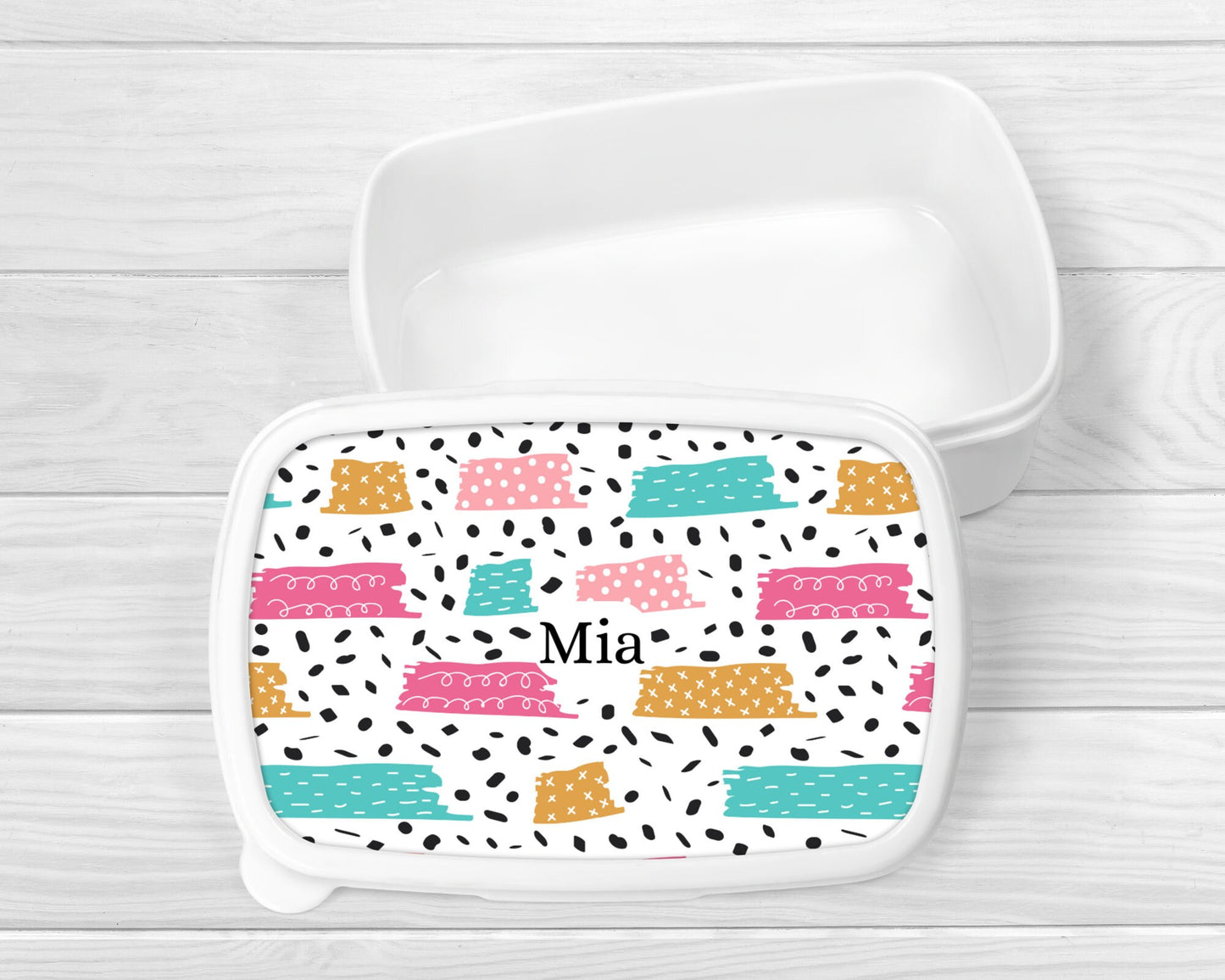 Personalised Lunch Snack Box Rainbow Polkadot Back To School Nursery Pot