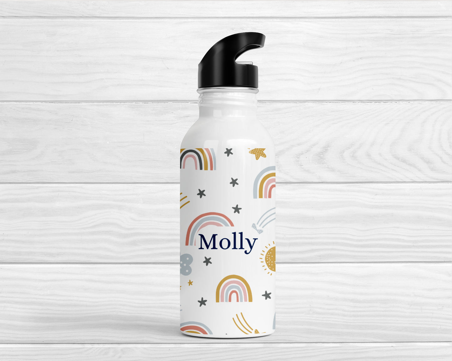 Personalised Kids Water Bottle Girls Pink Rainbow Back To School Nursery Straw Drink