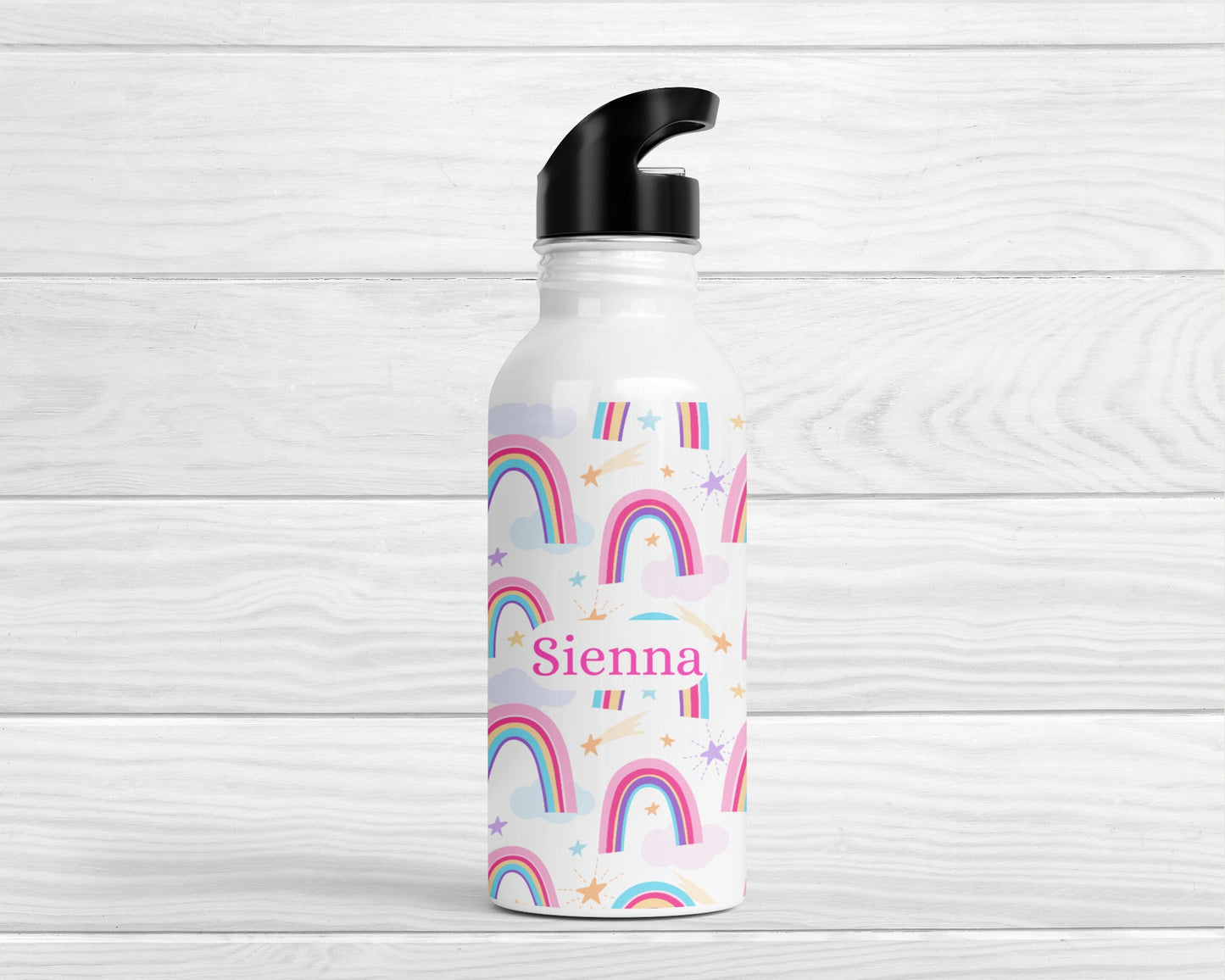 Personalised Kids Water Bottle Girls Pink Rainbow Back To School Nursery Straw Drink