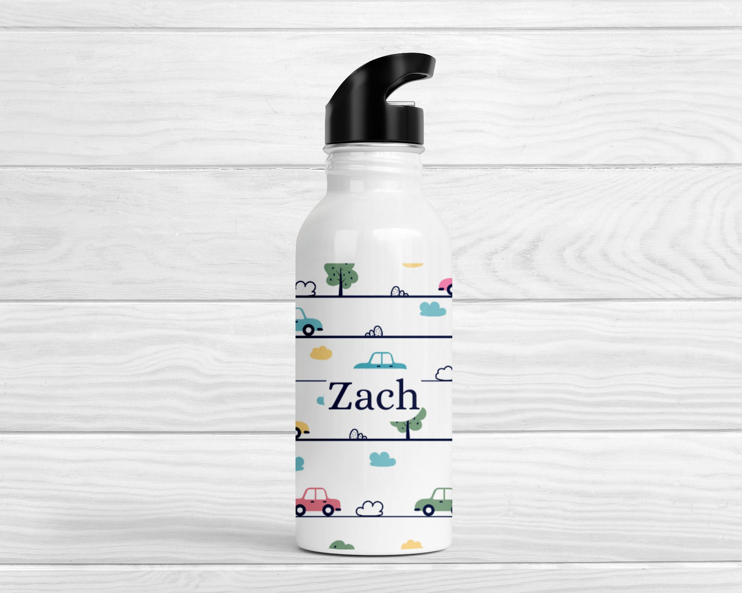 Personalised Kids Water Bottle Transport Cars Back To School Nursery Straw Drink