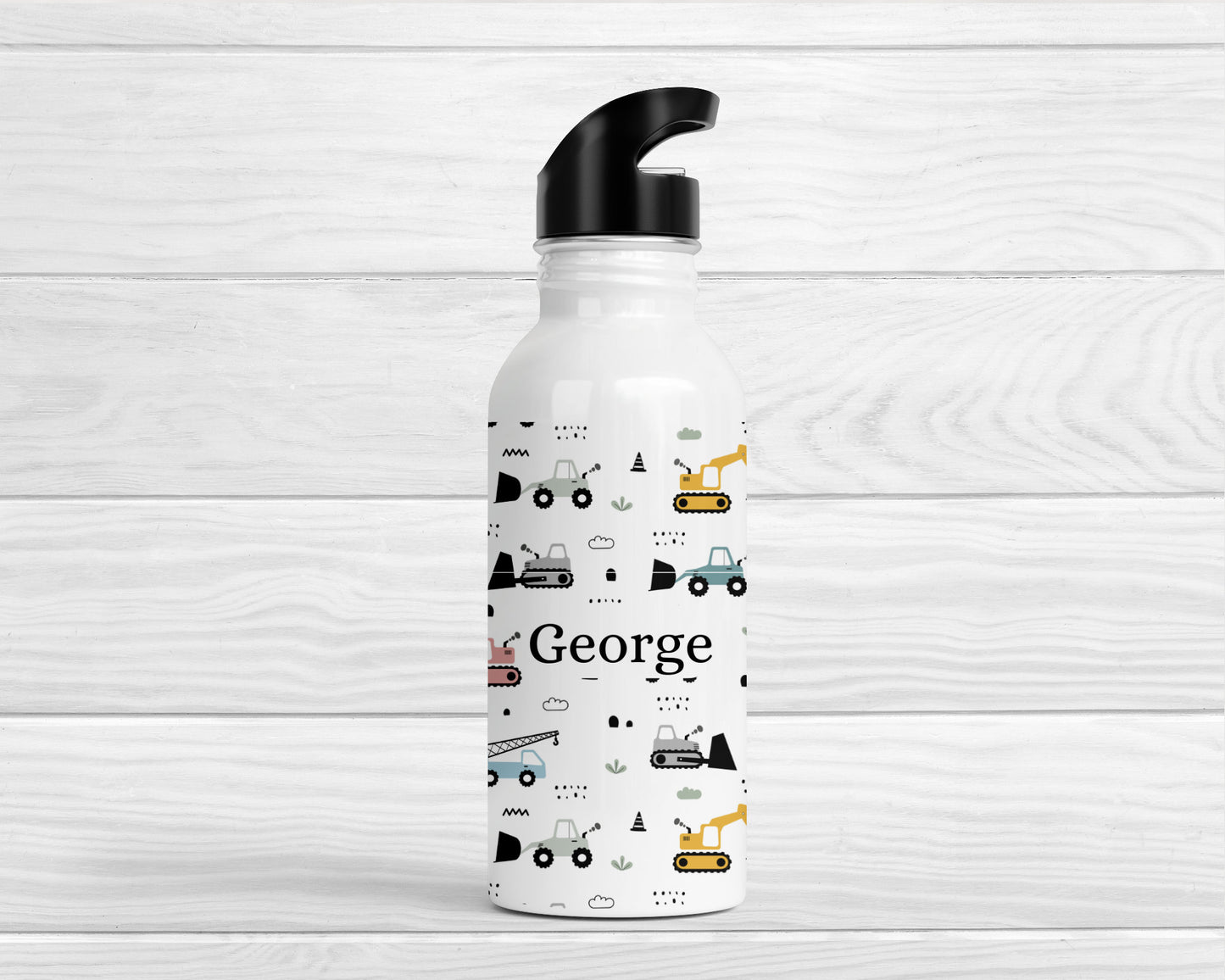 Personalised Kids Water Bottle Construction Digger Back To School Nursery Straw Drink