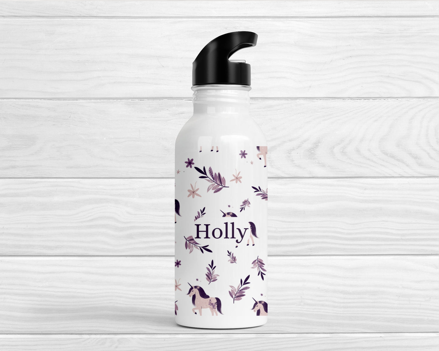 Personalised Kids Water Bottle Girls Unicorn Purple Back To School Nursery Straw Drink