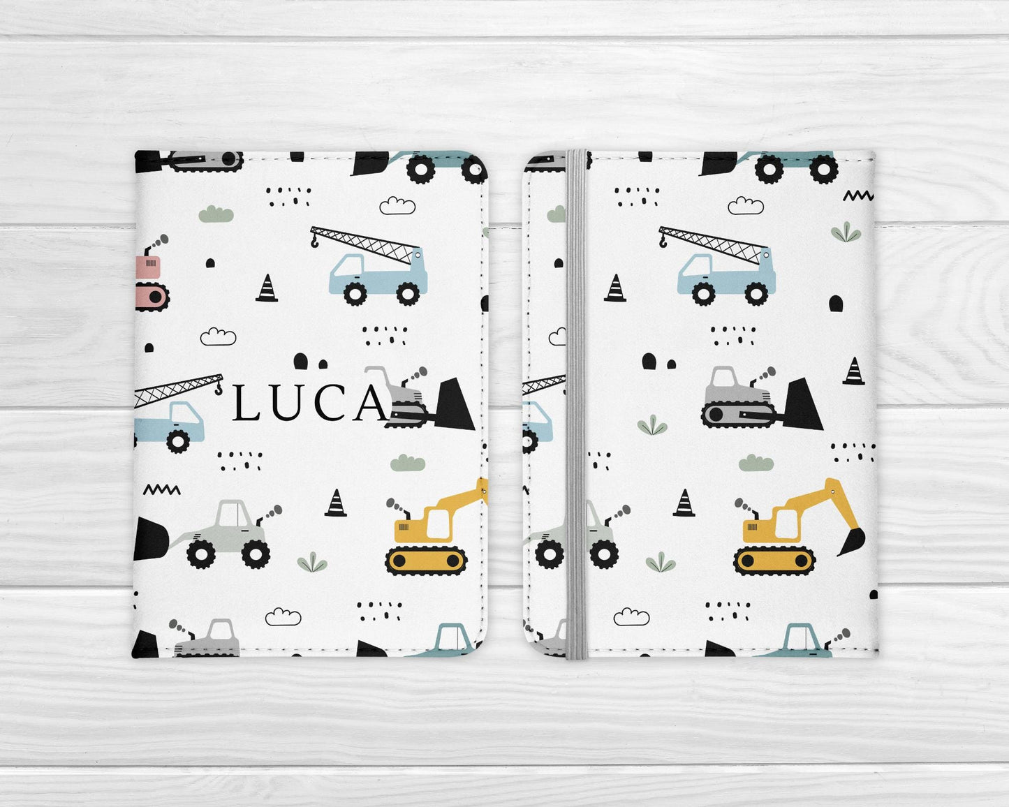 Personalised Passport Cover Kids Diggers Construction Boys Girls Travel Documents Holder Gift