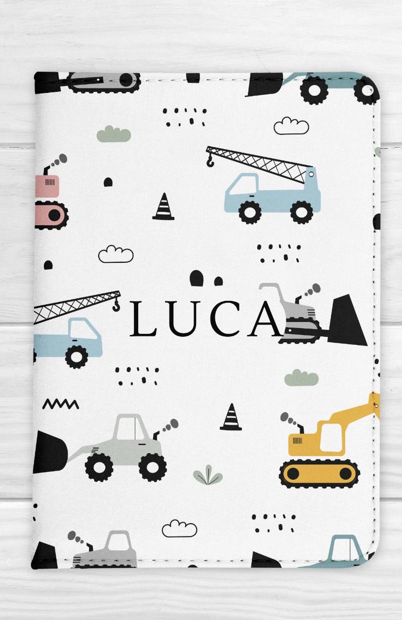 Personalised Passport Cover Kids Diggers Construction Boys Girls Travel Documents Holder Gift