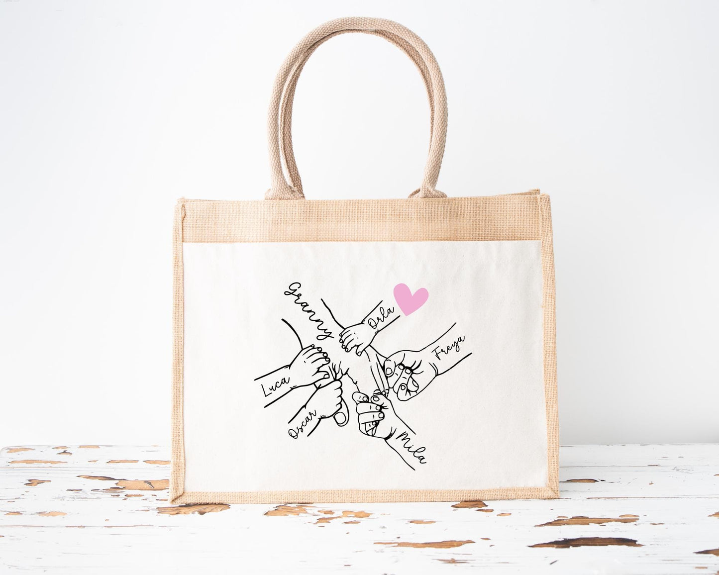Personalised Mother's Day Jute Bag: Holding Hands Design