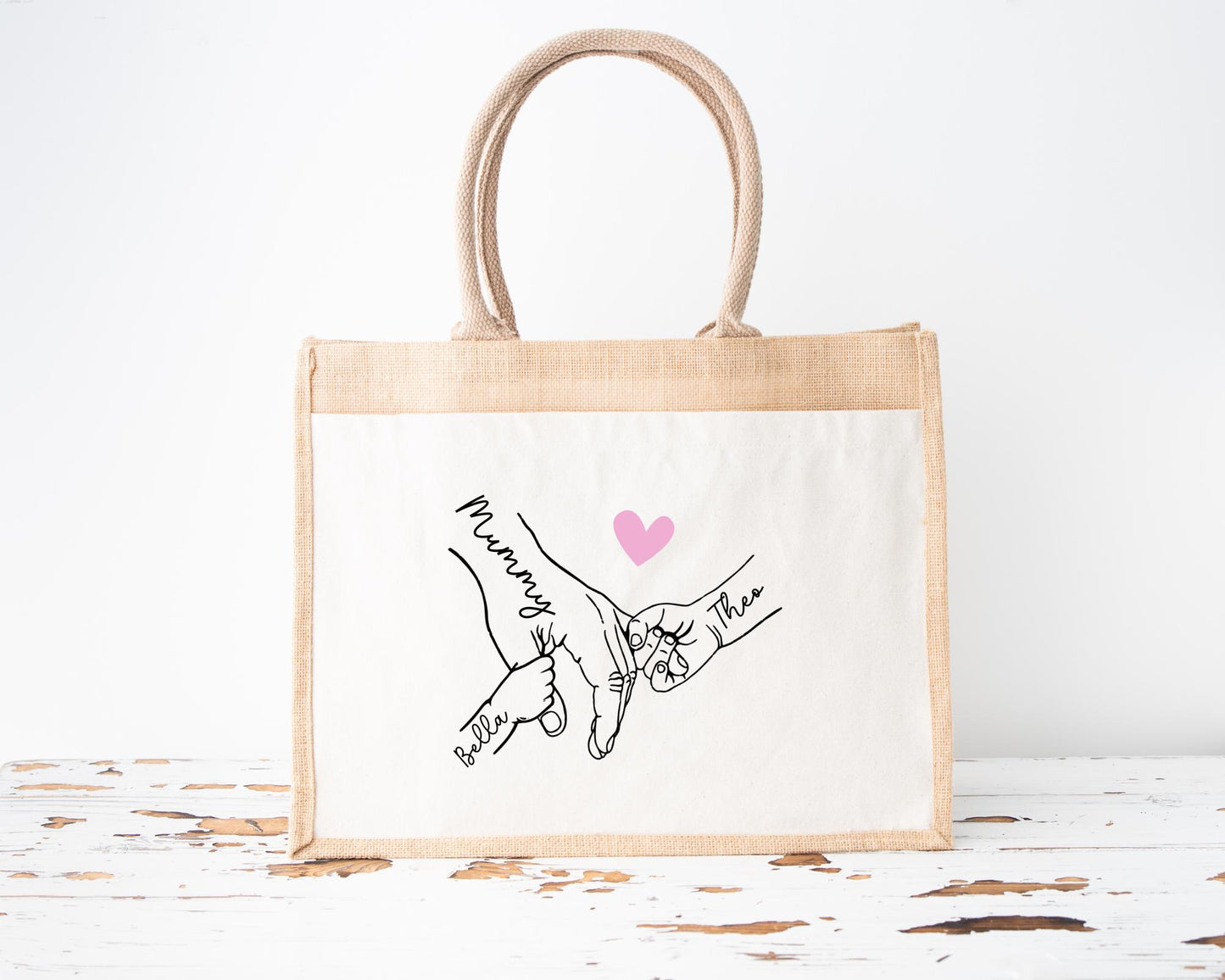 Personalised Mother's Day Jute Bag: Holding Hands Design