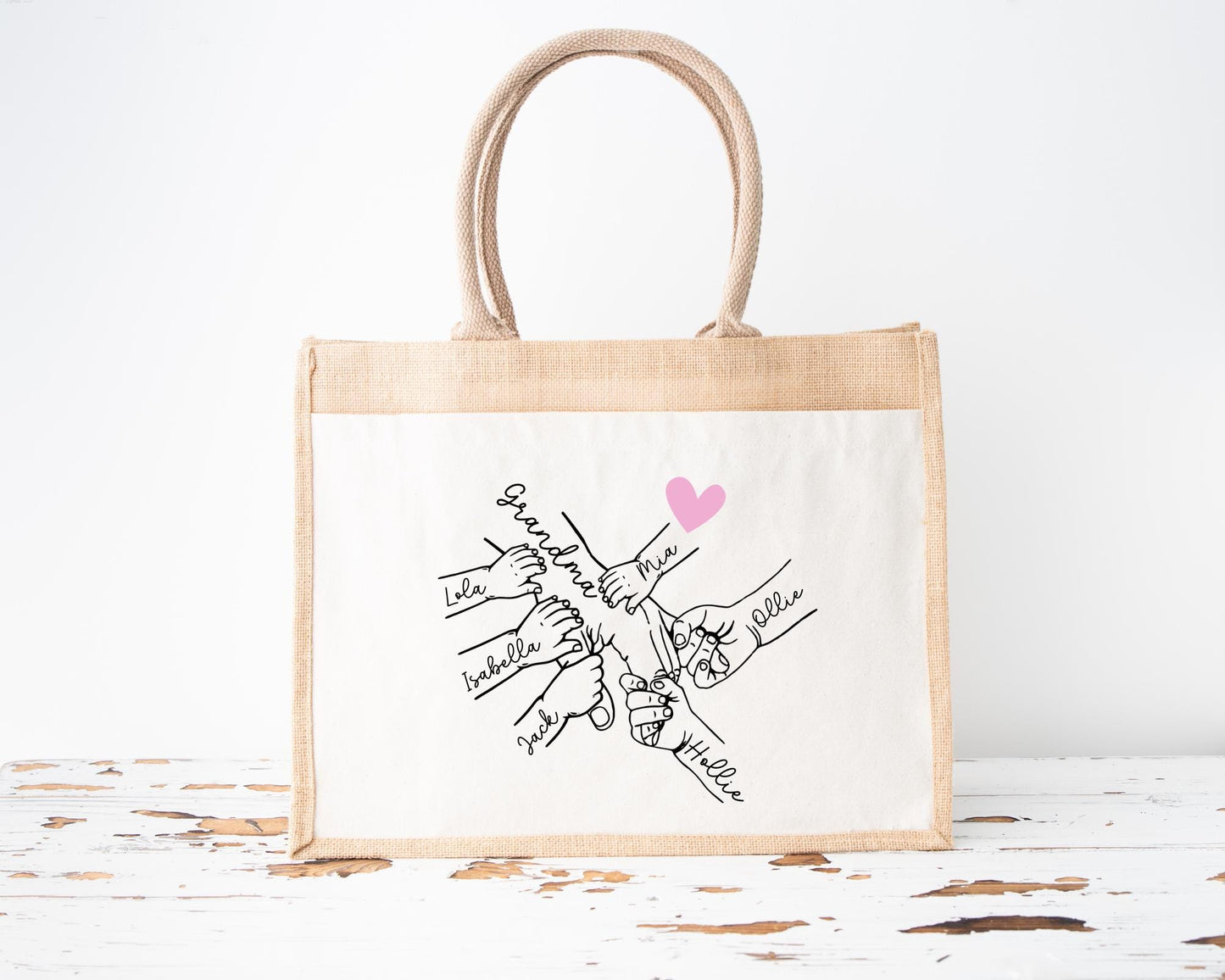 Personalised Mother's Day Jute Bag: Holding Hands Design