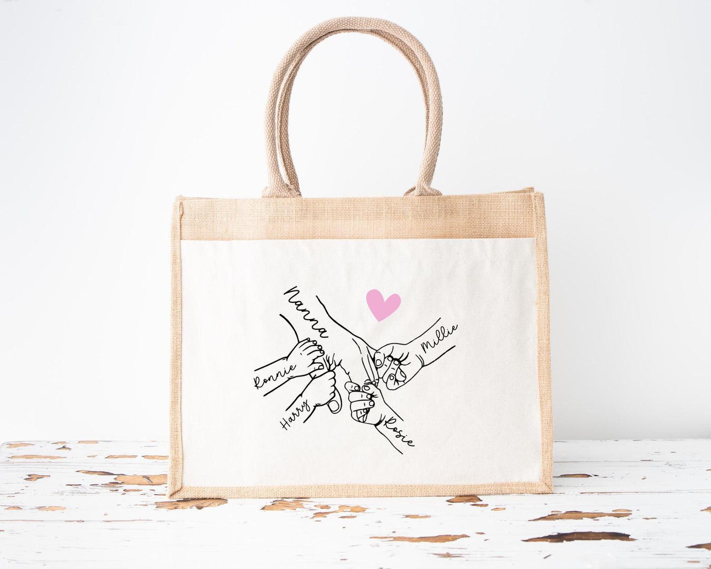 Personalised Mother's Day Jute Bag: Holding Hands Design