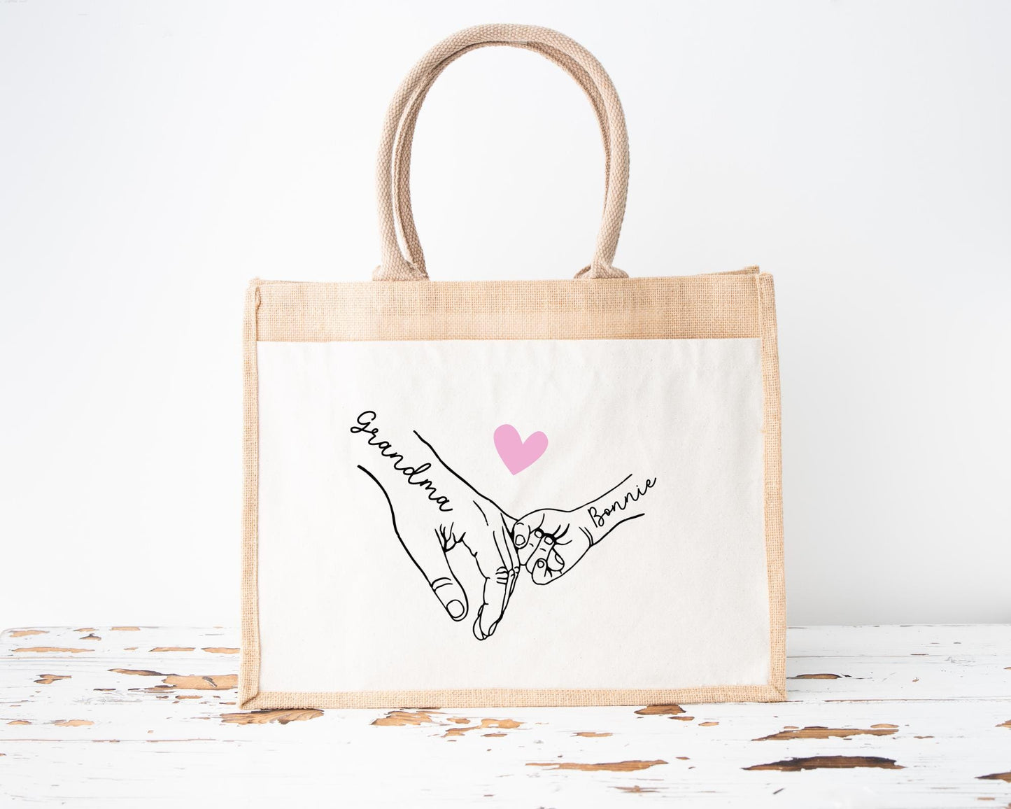 Personalised Mother's Day Jute Bag: Holding Hands Design