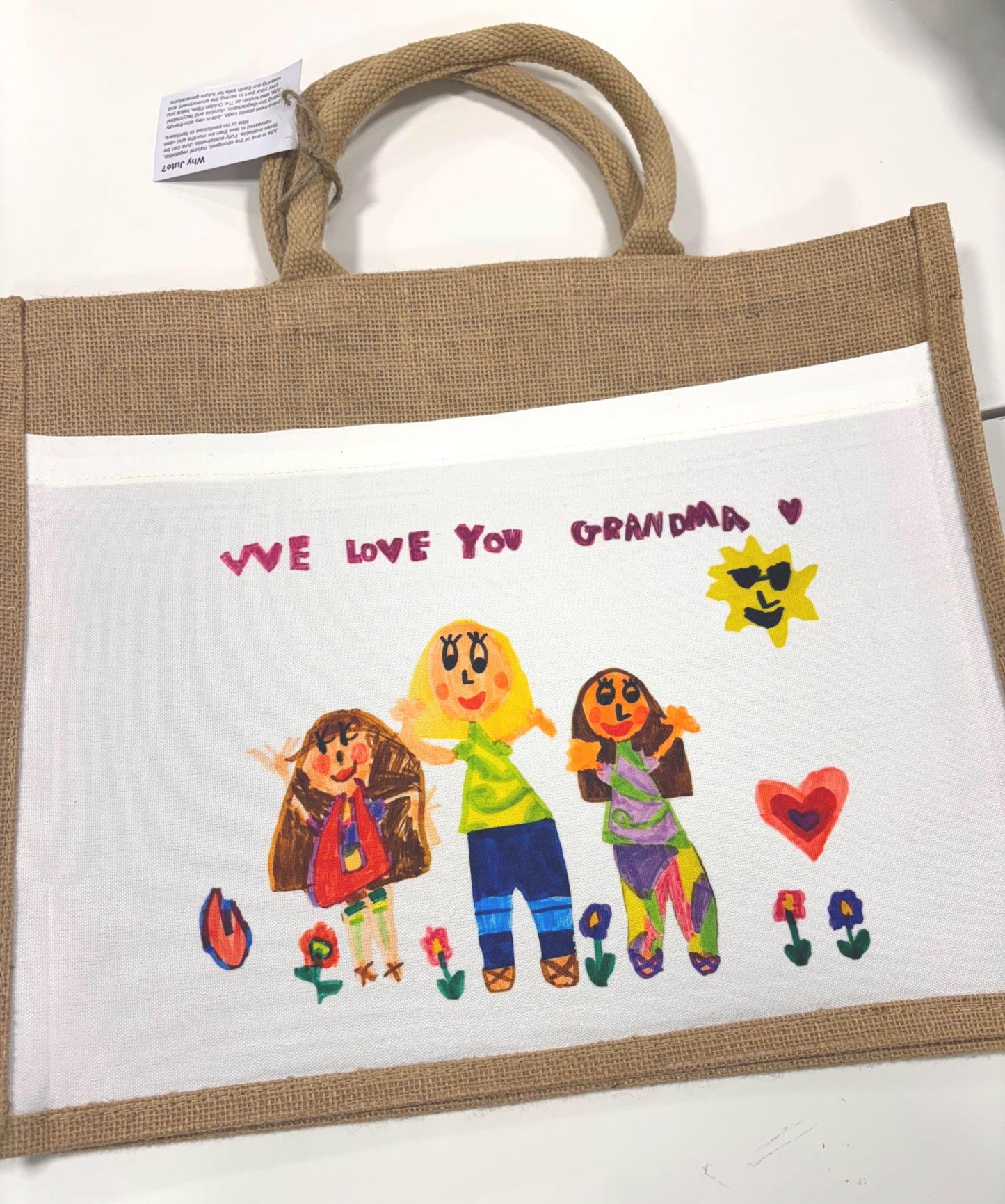 Children's Drawing Personalised Shopping Bag Jute Nanny Granny Own Child's Art Birthday Gift