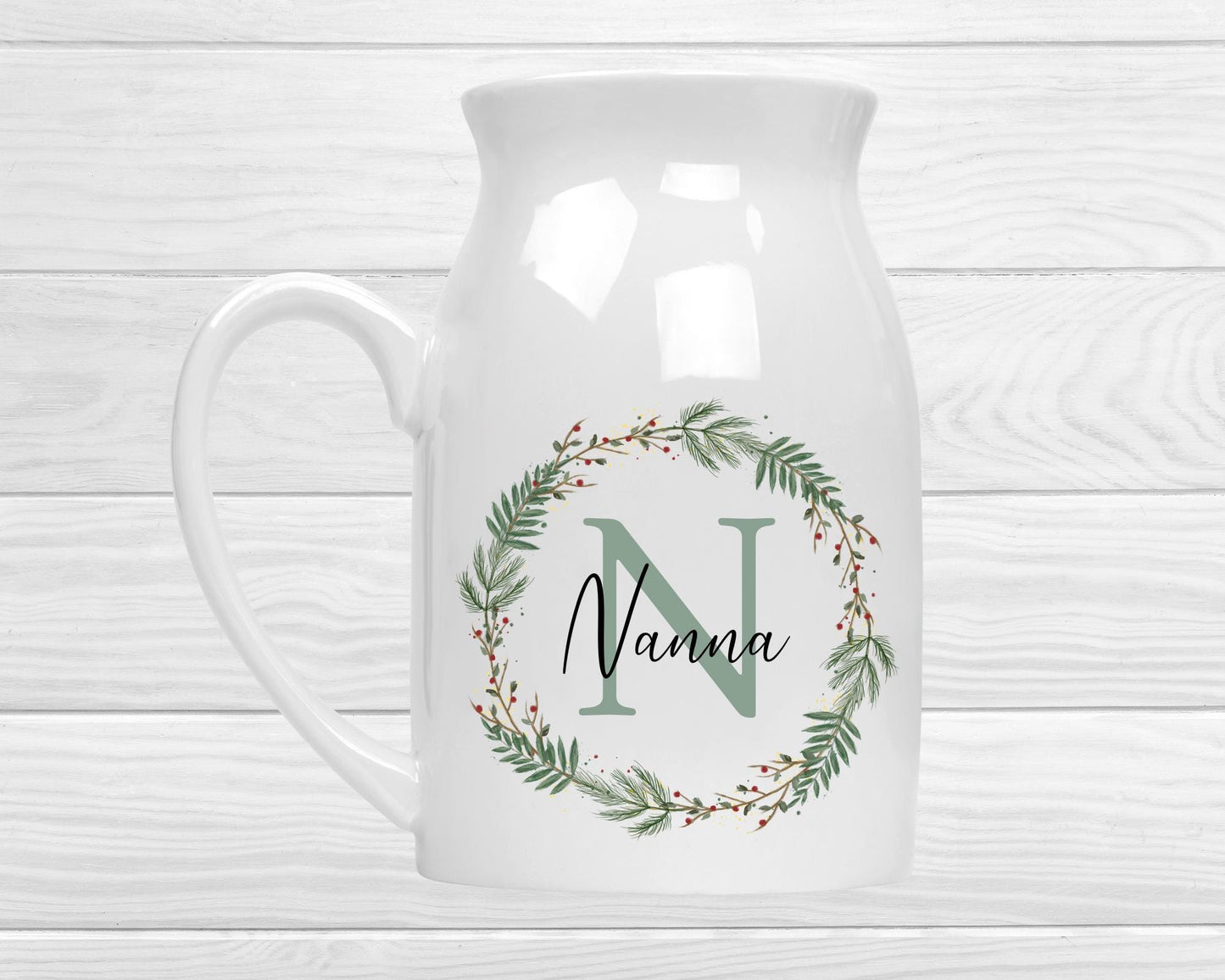Personalised Christmas Vase - Nanny, Grandma, Nana Keepsake - Ceramic Flower Jug Gift - Xmas Wreath Name