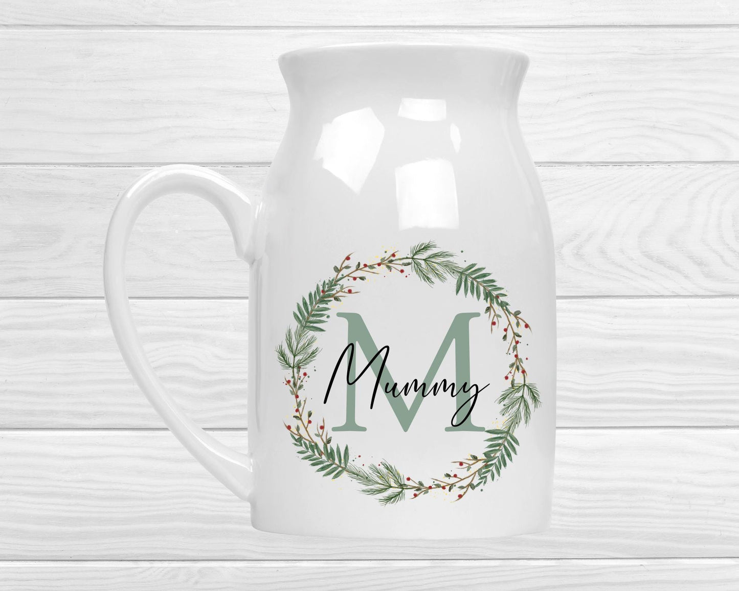 Personalised Christmas Vase - Nanny, Grandma, Nana Keepsake - Ceramic Flower Jug Gift - Xmas Wreath Name