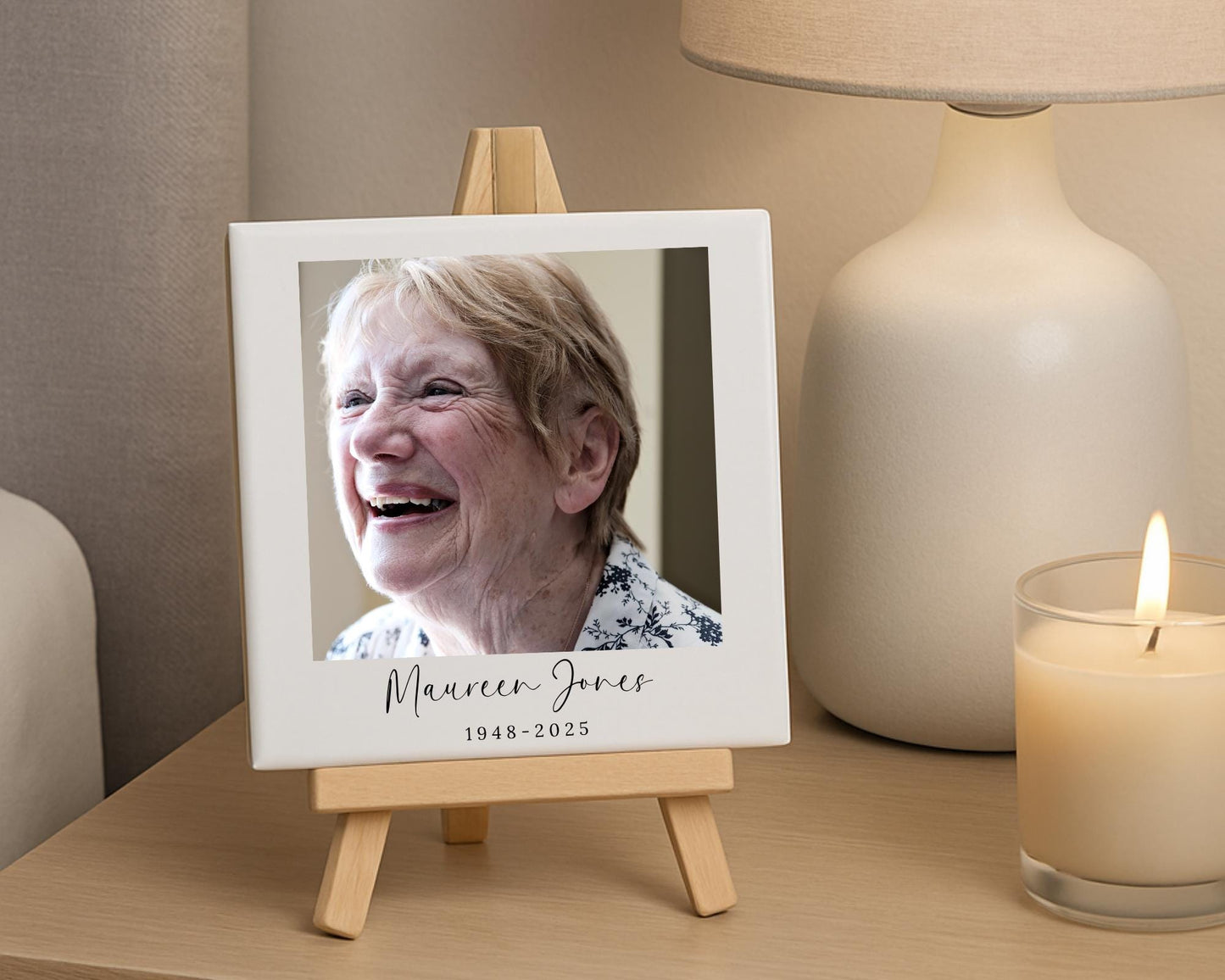 Personalised Memorial Ceramic Photo Tile With Text Polaroid Style Gift