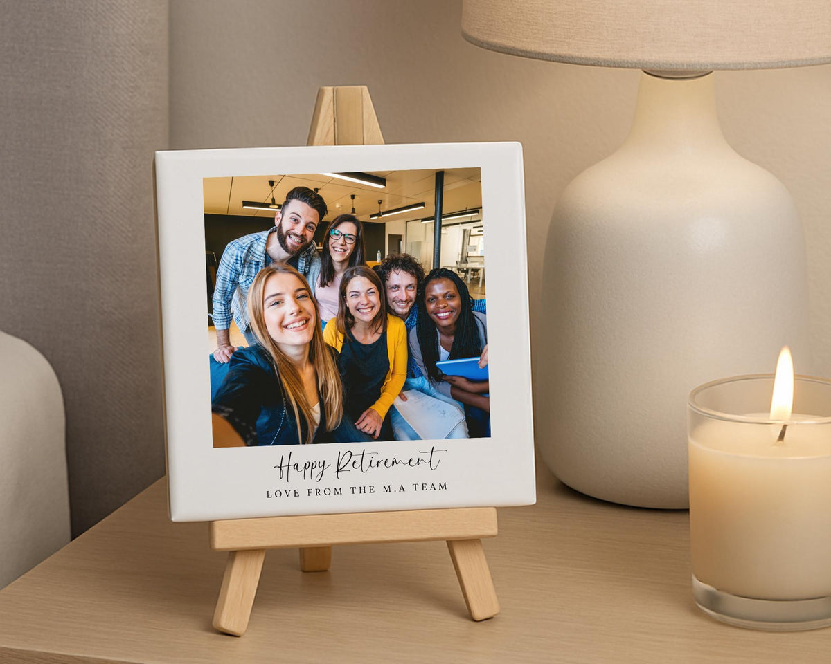Personalised Retirement Ceramic Photo Tile With Text Retiring Leaving Gift