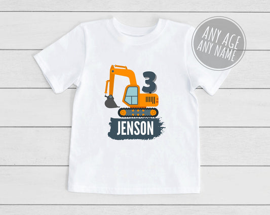 Digger Birthday T-Shirt Personalised AGE & NAME Toddler Boys 1st 2nd 3rd 4th 5th Party Gift