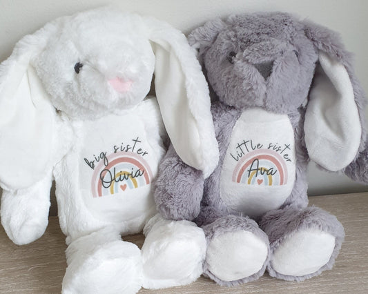 Sisters Personalised Soft Toy Bunny Teddy Gift Little & Big Sister New Baby Present