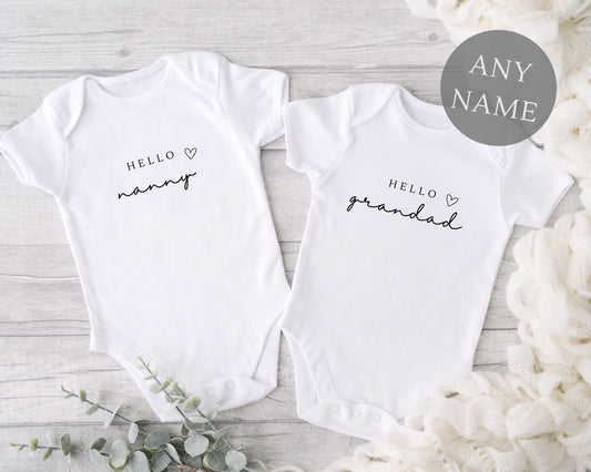 Personalised Pregnancy Reveal Vest Hello Nanny Grandad Auntie Bodysuit Announcement Gift