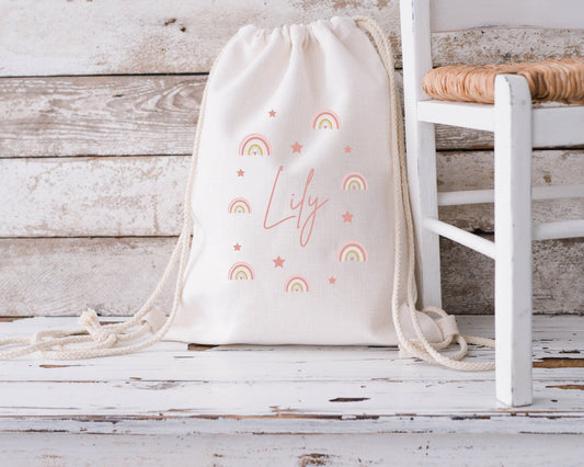 Back To School Girls Drawstring Bag P.E Kit Swimming Rainbow Design