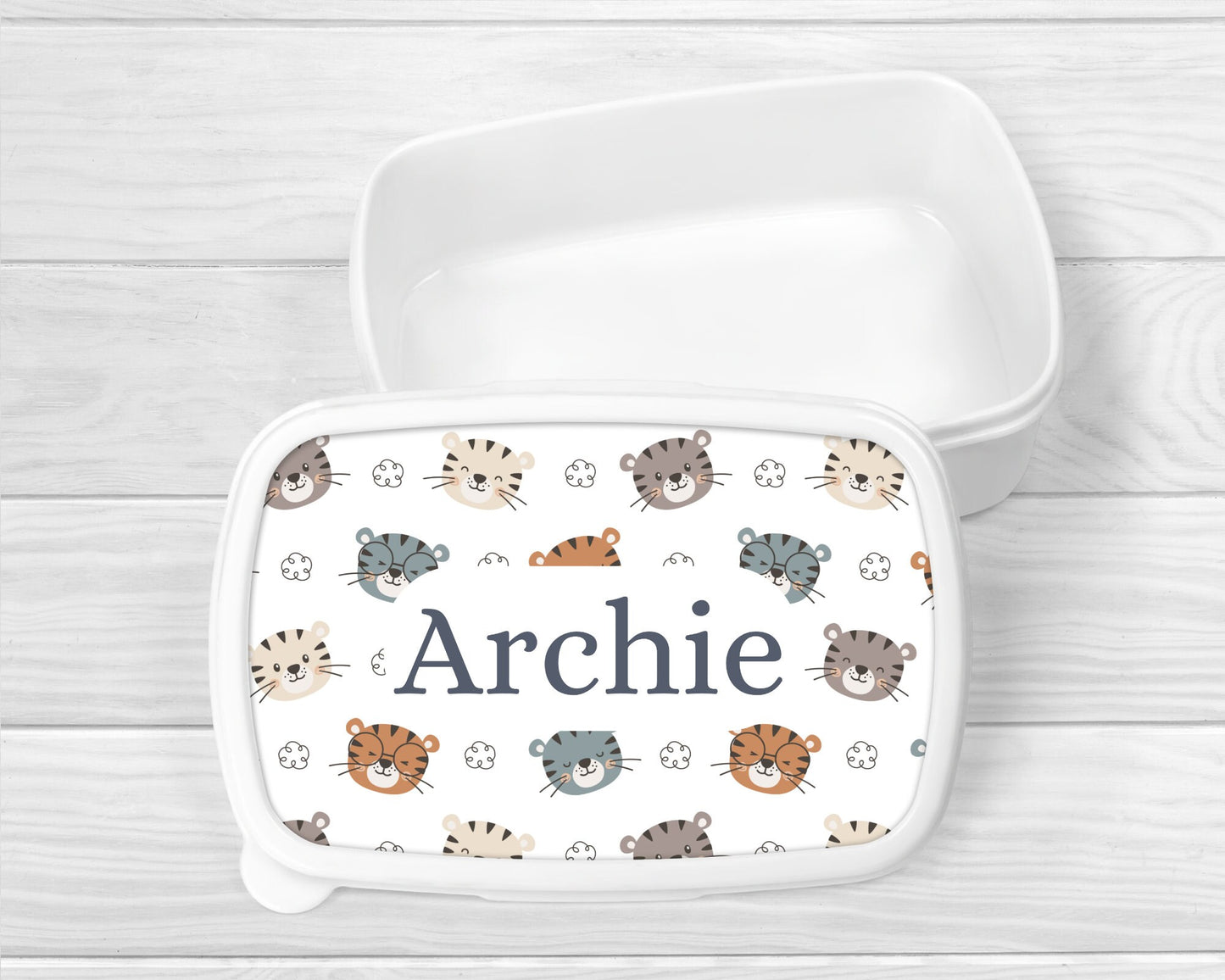 Personalised Lunch Snack Box Safari Tiger Animals Back To School Nursery Pot