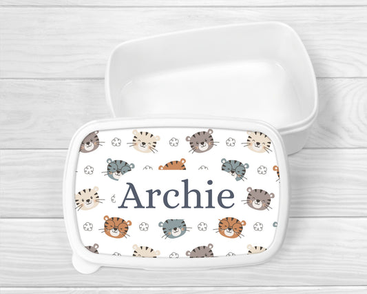 Personalised Lunch Snack Box Safari Tiger Animals Back To School Nursery Pot
