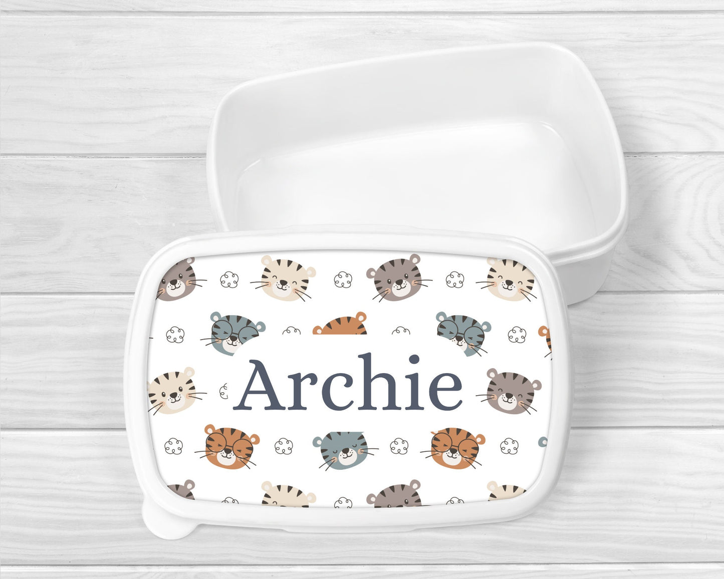 Personalised Lunch Snack Box Safari Tiger Animals Back To School Nursery Pot
