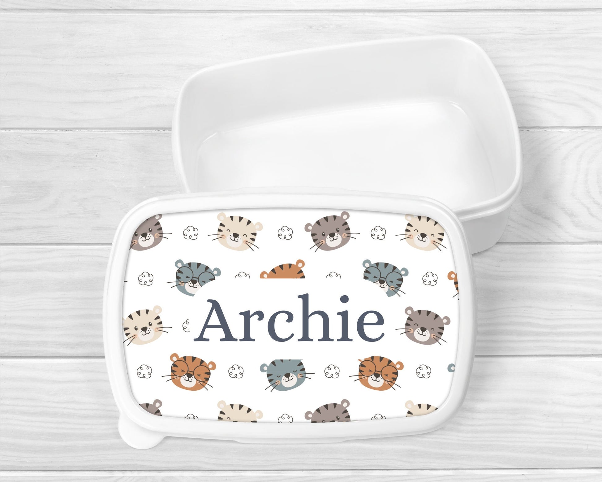 Personalised Lunch Snack Box Safari Tiger Animals Back To School Nursery Pot