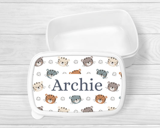 Personalised Lunch Snack Box Safari Tiger Animals Back To School Nursery Pot