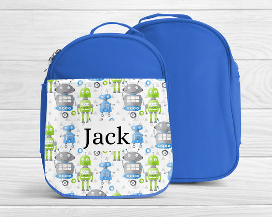 Personalised Lunch Bag Robots Blue Back To School Nursery Lunch Box