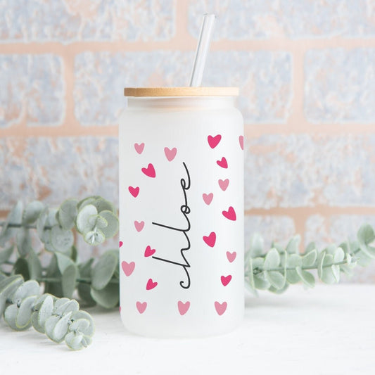 Personalised Valentine's Glass Cup Iced Coffee Libbey Can & Straw Gift