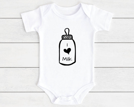 I Love Milk Baby Vest Slogan Bottle Bodysuit Unisex Baby Shower Gift