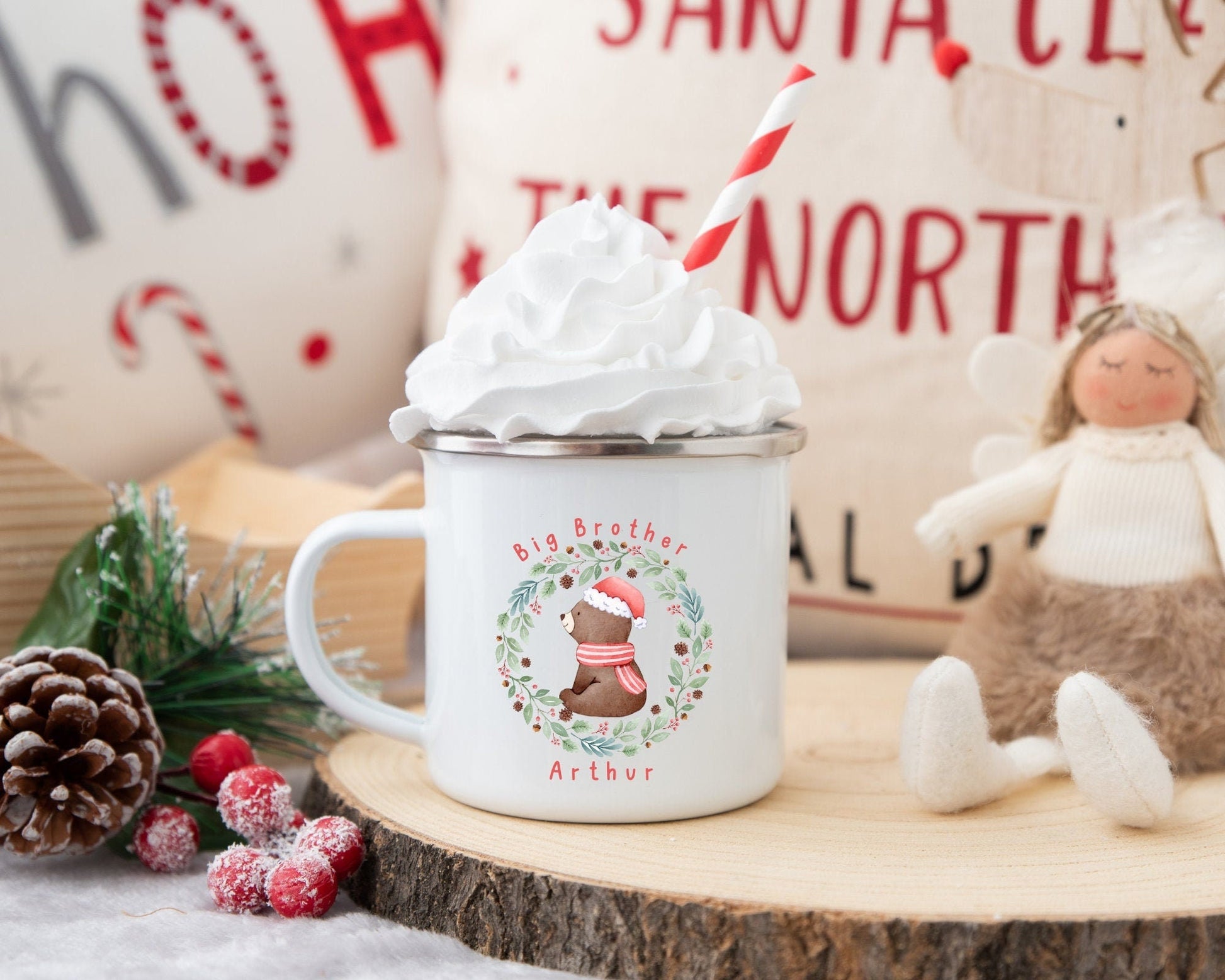 Personalised Children's Christmas Mug Enamel Kids Cup Big Brother Sister Gift