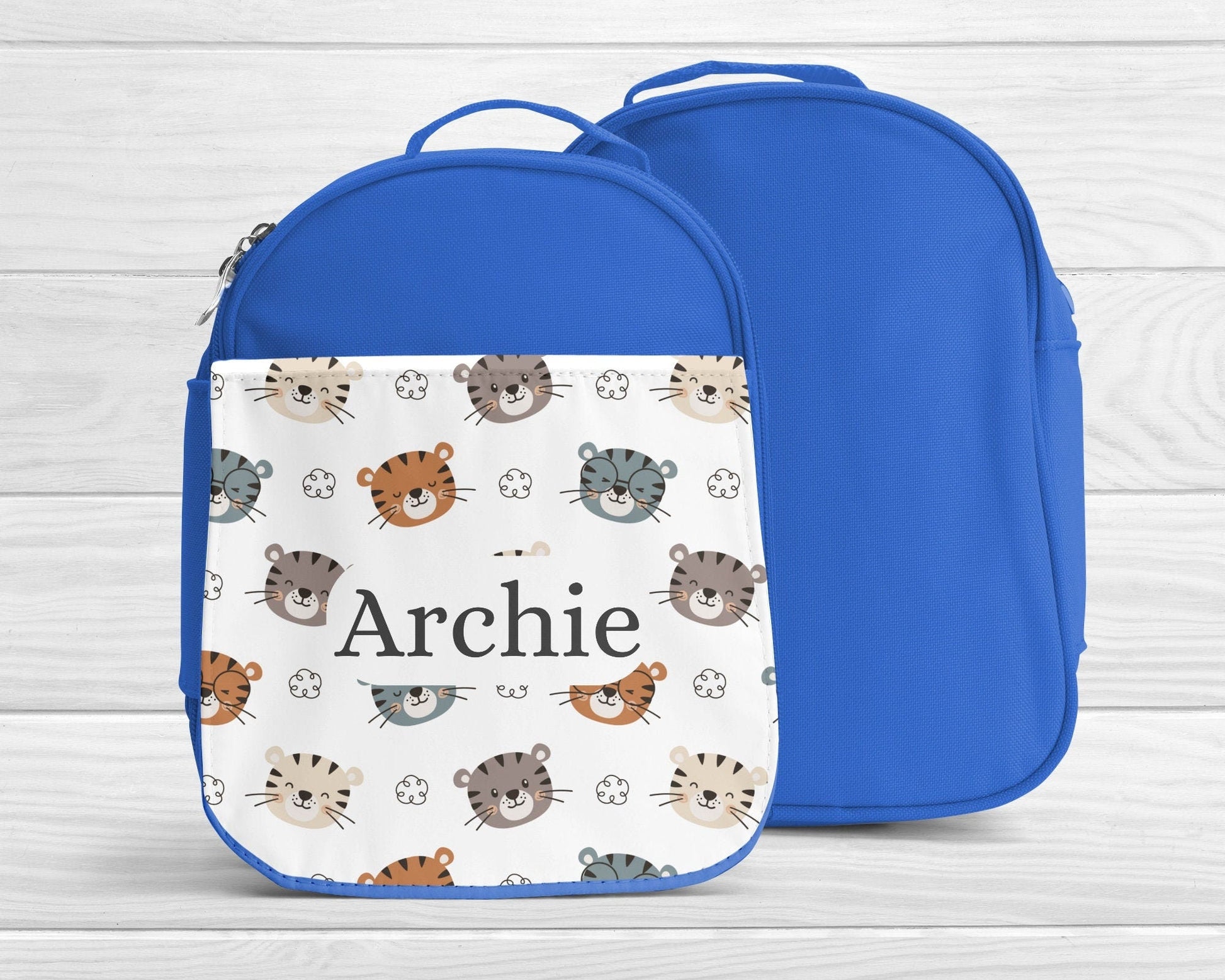 Personalised Lunch Bag Boys Blue Safari Tiger Back To School Nursery Lunch Box