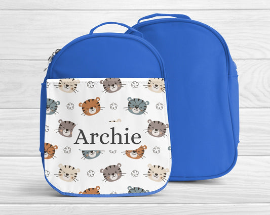 Personalised Lunch Bag Boys Blue Safari Tiger Back To School Nursery Lunch Box