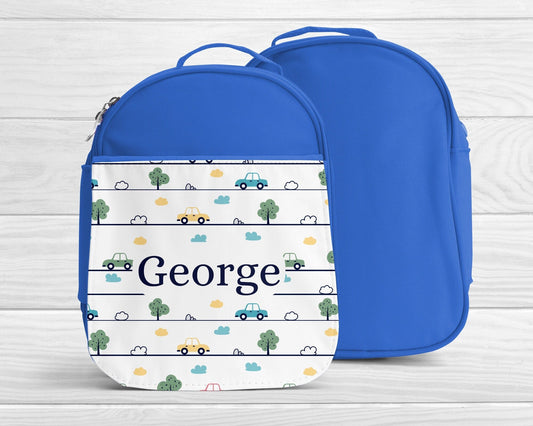 Personalised Lunch Bag Transport Cars Navy Back To School Nursery Lunch Box