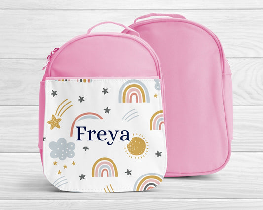 Personalised Lunch Bag Girls Pink Rainbow Back To School Nursery Lunch Box