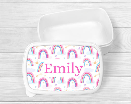 Personalised Lunch Snack Box Girls Pink Rainbow Back To School Nursery Pot