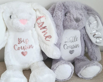 Cousins Personalised Soft Toy Bunny Teddy Gift Little Big Cousin Baby Birthday Present