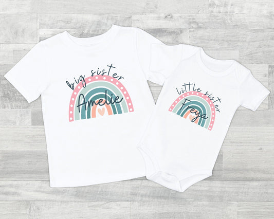 Big/Little Sister T-Shirt Baby Vest Toddler Rainbow Name Personalised Girls Present Gift