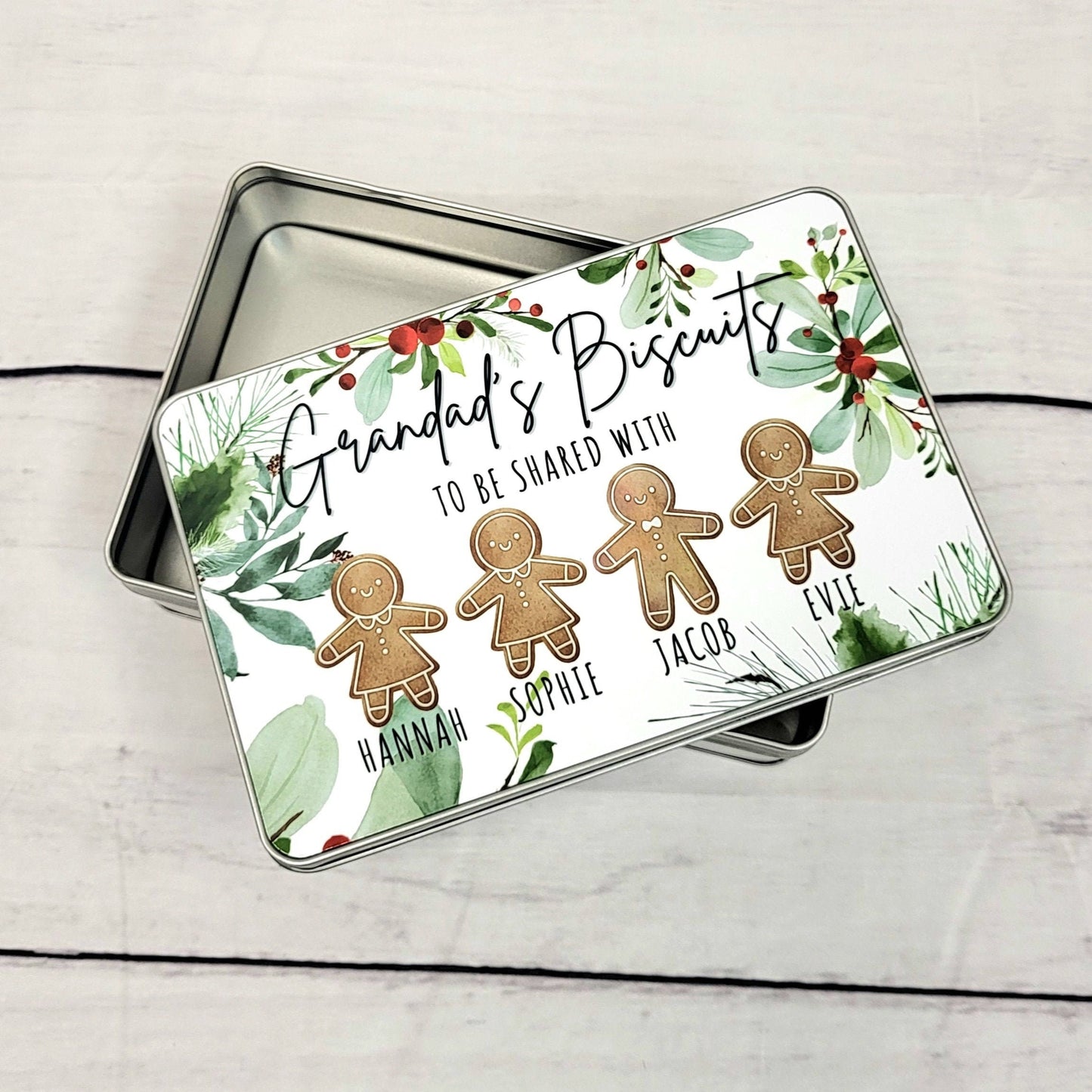 Personalised Christmas Biscuit Tin: Grandparent Gift with Gingerbread Characters