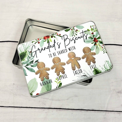 Personalised Christmas Biscuit Tin: Grandparent Gift with Gingerbread Characters