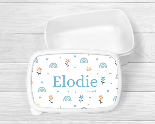 Personalised Lunch Snack Box Girls Floral Rainbow Back To School Nursery Pot
