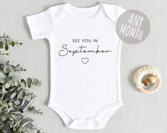Pregnancy Announcement Baby Vest See You In Personalised Due Date Month Reveal Cute Script Font Present Gift
